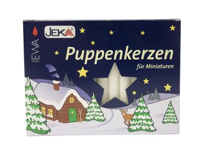 A box of Christmas-themed miniature candles with a winter scene illustration.