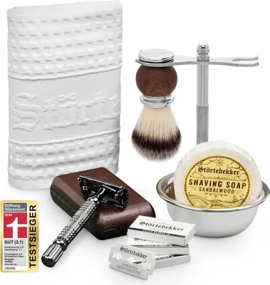 Produktbild von Störtebekker Genießer Set - Rasierhobel Schwarz – mit handgefertigtem Lederetui Café - Rasierset / Bartpflege Set Herren, Geschenkidee Herren