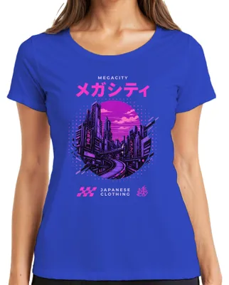Immagine prodotto di Maglietta da donna, stile "megacity giapponese", ispirata al cyberpunk, alla synthwave, al Giappone degli anni '80 e al periodo Y2K, colore blu, taglia S