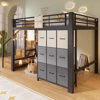 Image de Lit mezzanine 140 x 200 cm en métal avec tiroirs, portant à vêtements, rambarde, escalier avec rangement, noir