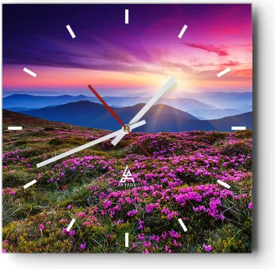 Produktbild von Wanduhr - Quadrat - Glasuhr - Wiese Berg Himmel Landschaft - 30x30cm - Schleichendes Uhrwerk - Lautlos - zum Aufhängen bereit - Dekoration Modern - Wanddekoration aus Glas - C3AC30x30-2719