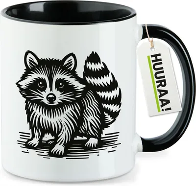 Produktbild von Huuraa Kaffeetasse Waschbär Comic 330ml Schwarz Keramik Kaffeebecher Geschenkidee