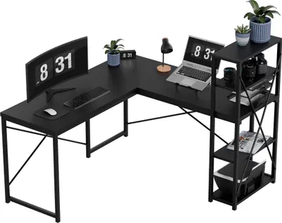 Produktbild von MARK ADLER Leader 5.9 Schwarz | Eckschreibtisch mit Regalen | Pulverbeschichtetes Stahlgestell, Verstellbare Füße, 145x145 cm,