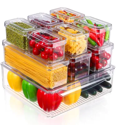10 stapelbare Kühlschrank-Aufbewahrungsboxen mit Deckeln, transparent, BPA-frei