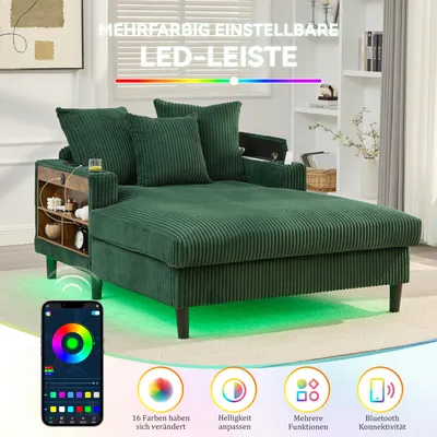 Produktbild von okwish Schlafsofa Cord-Liegesessel mit LED und Getränkehalter, 1-Sitzer-Sofa mit USB und Stauraum, Wohnzimmersofa in Grün