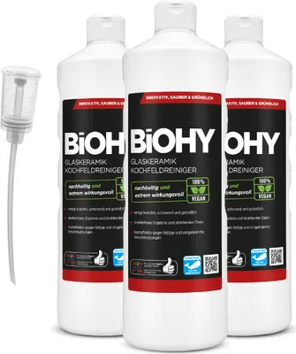 Produktbild von BiOHY Glaskeramik Kochfeldreiniger (3x1l Flasche) + Dosierer | Optimal zur Reinigung und Pflege von Kochfeld und Induktion | Geeignet für ALLE GERÄTE