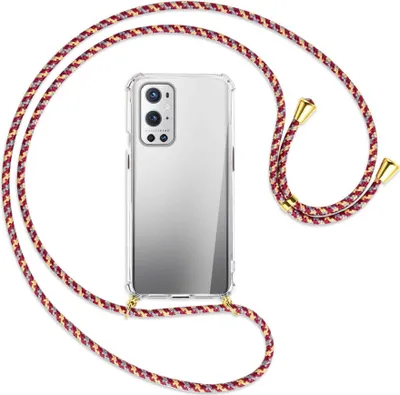 Produktbild von Handykette Backcover-Schutzhülle mit Band (Metall goldfarben) für OnePlus 9 - weinrot/gelb/grau