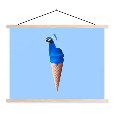Produktbild von MuchoWow® Textilposter Pfau - Eistüte - Eiscreme - Blau - Vogel 60x45 cm mit holzfarbenen Rahmen - Bild