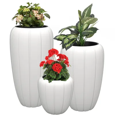 Immagine prodotto di Set decorativo di 3 vasi da fiori Vaso da fiori con inserto Bianco Rotondo Ø40 cm H 40 62 75 cm Superficie scanalata Plastica opaca Modern Glamour