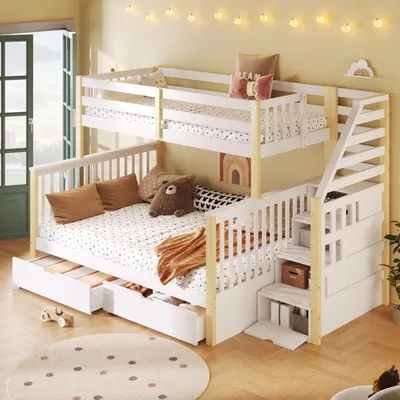 Obrázok produktu pre Poschodová posteľ 90x200 cm + 140x200 cm so zásuvkami, úložným priestorom v schodoch, bezpečnostnou zábranou, biela + prírodná farba