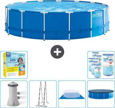 Produktbild von Intex Rundrahmen-Schwimmbecken – 457 x 122 cm – Blau – inklusive Pumpe – Leiter – Bodenplane – Abdeckung Wartungspaket - Filter