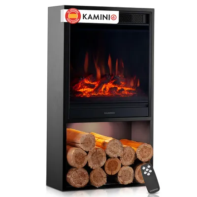 Imagen del producto de KAMINIO Chimenea eléctrica HUGO: Chimenea eléctrica con calefacción, efecto de llama 3D, luz ambiental LED, compartimento para leña, control remoto - Color, Imagen generada por IA