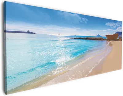 Produktbild von Wallario Premium Leinwandbild Traumstrand unter blauem Himmel in Größe 80 x 200 cm