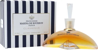 Marina de Bourbon Classique Eau de Parfum im bogenförmigen Flakon mit goldener Flüssigkeit vor edler, blau-weiß gestreifter Verpackung.