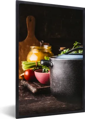 Produktbild von MuchoWow® Gerahmtes Poster Rustikal - Stilleben - Pfanne - Gemüse 60x90 cm - Poster mit Schwarzem Bilderrahmen Wandposter Rahmen Foto Bilder - Kunst