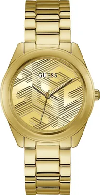 A close-up studio shot of a gold Guess women's watch.