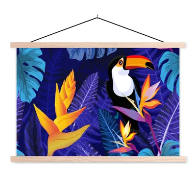Produktbild von MuchoWow® Textilposter Dschungel - Tukan - Blumen - Pflanzen - Kinder - Lila - Tiere 120x80 cm mit holzfarbenen Rahmen - Aufhängeset