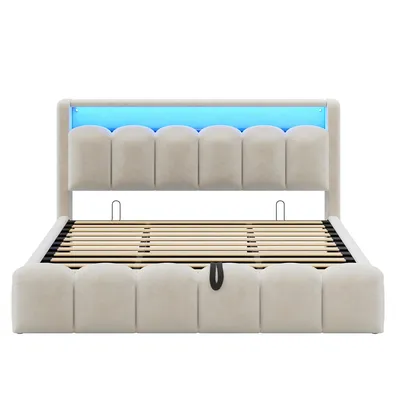 Produktbild von Flieks Hydraulisches Polsterbett 180x200cm mit Stauraum, Doppelbett Jugendbett mit Led und Ladefunktion, Boxspringbett Samt mit Lattenrost, Beige