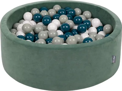 Produktbild von KiddyMoon rund bällebad velvet bällepool 90x30cm/300 bälle ∅ 7cm ballgruben für babys spielbad kleinkinder, hergestellt in der eu, waldgrün: dunkeltürkis/grüngrau/weiß