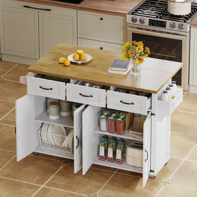 Immagine prodotto di Carrello da cucina con piano di lavoro pieghevole, carrello di servizio con ruote, stile rustico, 140x43x90,5 cm, bianco