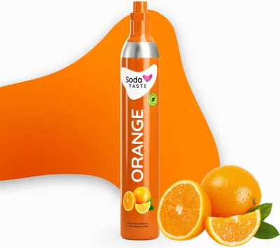 A product shot of an orange flavored soda syrup bottle with oranges next to it, set against an abstract orange and white background.
