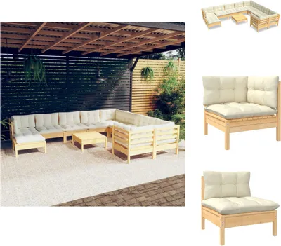 Produktbild von vidaXL 11-tlg. Garten-Lounge-Set mit Creme Kissen Kiefernholz -  Gartenmöbel-Sets
