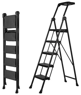 5-stufige Klappleiter, Sicherheits-Handlauf, rutschfest, bis 300 kg, Stahl