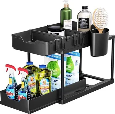 Image de Étagère noire à deux niveaux pour sous l'évier, rangement de cuisine