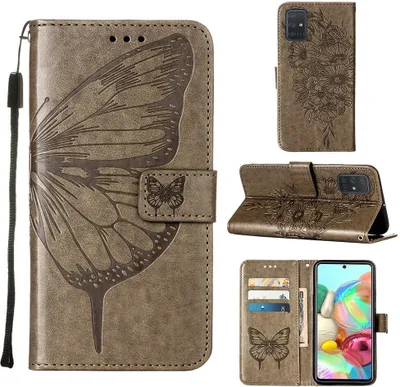 Produktbild von Galaxy A71 Hülle, Schmetterling Prägung Flip Leder Kartenfächer Schutzhülle Ledertasche mit Ständer für Samsung Galaxy A71 Grau