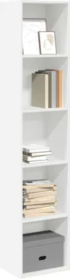 A white bookshelf with several shelves filled with books and decorative items.