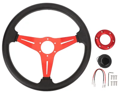 Image de Volant de voiture de style racing, en similicuir, 35,6 cm, compatible avec tous les adaptateurs de moyeu à 6 trous, rouge