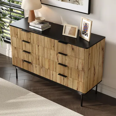 Image de OKWISH Buffet Moderne avec 8 Tiroirs - Meuble de Rangement Salon Chambre - MDF - 120x39,5x80 cm - Naturel/Noir