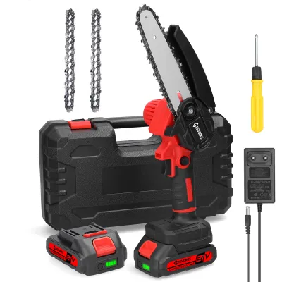 Produktbild von Mini Kettensäge, 6 Zoll 21V Elektro-Kettensäge mit 2x Batterie 2x Kette 1x Führungsplatte 1x Ladegerät und  1x Aufbewahrungsbox, Tragbare Handgeführte Akku Kettensäge