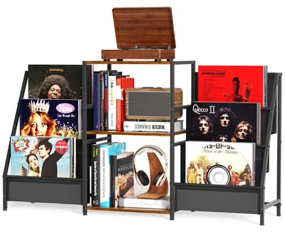 Image de Table pour platine vinyle - Étagère pour disques vinyles - 3 niveaux - Meuble de rangement - Étagère de présentation - Métal - Noir