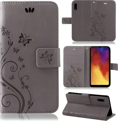 A collage of images showing a gray flip phone case with a butterfly and floral design.