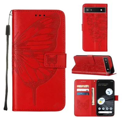 Image de Google Pixel 7 Pro Case, Butterfly Relief Flip Leather Case with Card Slots and Stand for Google Pixel 7 Pro red