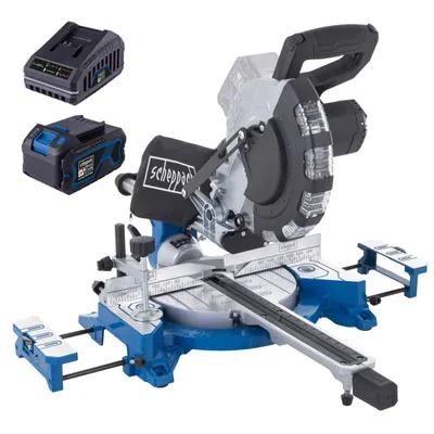 Produktbild von Scheppach Akku Kapp-, Zug- und Gehrungssäge BC-HM216-X - 340mm Schnittbreite | 65mm Schnitthöhe | 24Z | LED-Licht | inkl. 4Ah Akku + 2,4A Ladegerät