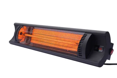 A black infrared heater with glowing orange heating elements, shown against a white background.