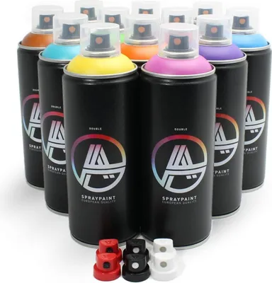 Produktbild von Double A Spraypaint Sprühdosen Grundfarben Set 12 Spraydosen 400ml matt inkl. Sprühaufsätze
