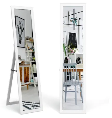 Produktbild von 2-in-1 Ganzkörperspiegel, Stand- und Wandspiegel mit Holzrahmen, Ankleidespiegel 37 x 155 cm, Garderobenspiegel für Schlafzimmer, Wohnzimmer und Eingangsbereich (Weiß)