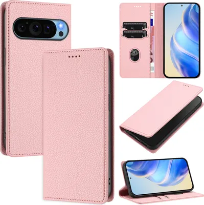Produktbild von Litchi Leder Handyhülle für Google Pixel 9 / Pixel 9 Pro Wallet Kartenfächer Standfunktion Hülle Pink