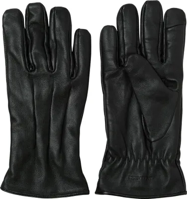 A pair of black leather gloves shown from the front.