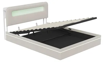 Image de Lit en velours - Structure de lit 140 x 200 cm - Rangement intégré à la tête de lit - Mécanisme de levage hydraulique - Éclairage LED - Sommier à lattes - Beige