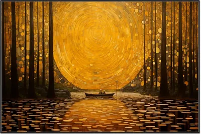 Produktbild von Wallario Wandbild Goldene Flussfahrt, Größe: 61 x 91,50 cm, Poster mit schwarzem Aluminiumrahmen