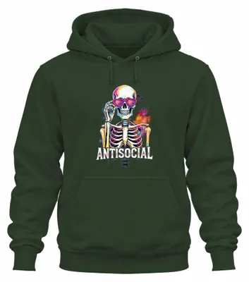 Obrázok produktu pre Antisociálna mikina s kapucňou, motív lebky, farba: zelená, veľkosť: L