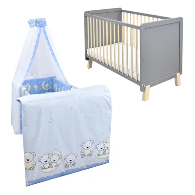 Produktbild von Babybett Kinderbett Gitterbett Lou 60x120 Grau Natur Schutzgitter Matratze Bettwäsche Set 10tlg  Teddy Blau