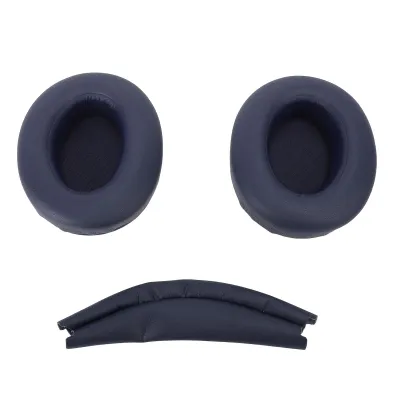 Three parts of a blue headset accessory set are arranged on a white background.