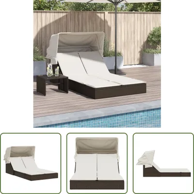 Produktbild von The Living Store Doppel-Sonnenliege mit Dach und Auflagen Braun Poly Rattan