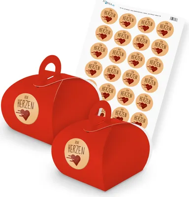 Produktbild von itenga SET von HERZEN (Motiv 14) 24x Geschenkschachtel mit Griff rot + Stickerbo