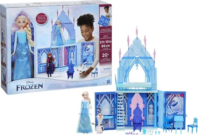 A product shot of a Disney Frozen castle playset with dolls, and a separate image of the product packaging.
